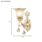 Traditional White Glass Wall Mount Sconce Light With Crystal Drop - 1/2 Lights For Hallways