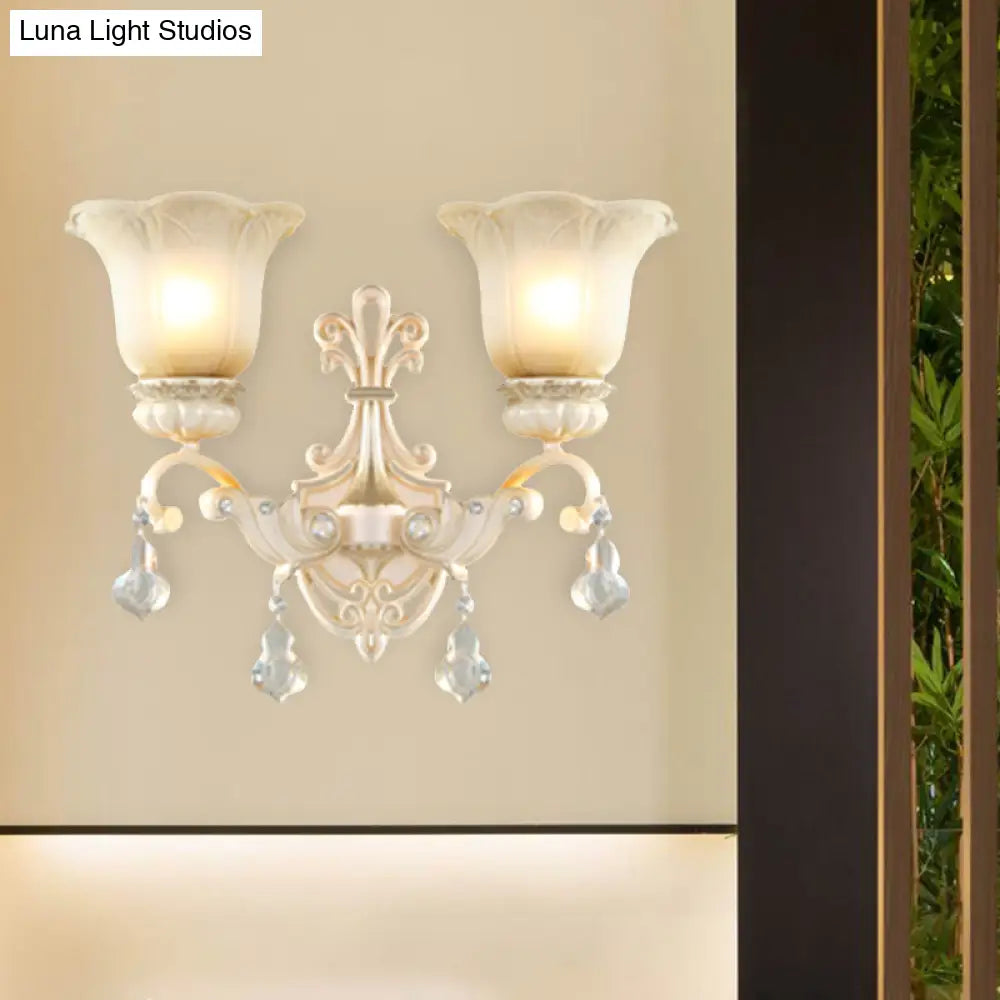 Traditional White Glass Wall Mount Sconce Light With Crystal Drop - 1/2 Lights For Hallways