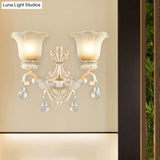 Traditional White Glass Wall Mount Sconce Light With Crystal Drop - 1/2 Lights For Hallways