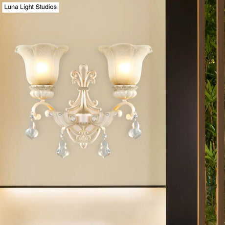 Traditional White Glass Wall Mount Sconce Light With Crystal Drop - 1/2 Lights For Hallways