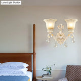 Traditional White Glass Wall Mount Sconce Light With Crystal Drop - 1/2 Lights For Hallways