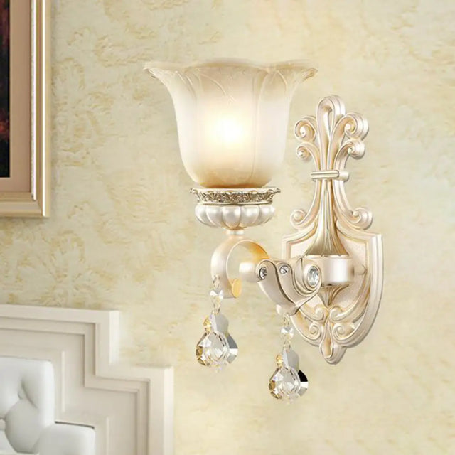 Traditional White Glass Wall Mount Sconce Light With Crystal Drop - 1/2 Lights For Hallways 1 /