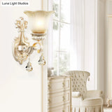 Traditional White Glass Wall Mount Sconce Light With Crystal Drop - 1/2 Lights For Hallways