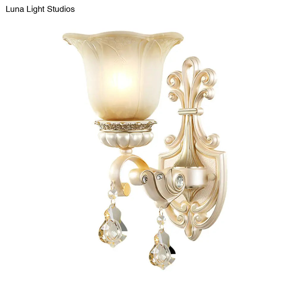 Traditional White Glass Wall Mount Sconce Light With Crystal Drop - 1/2 Lights For Hallways