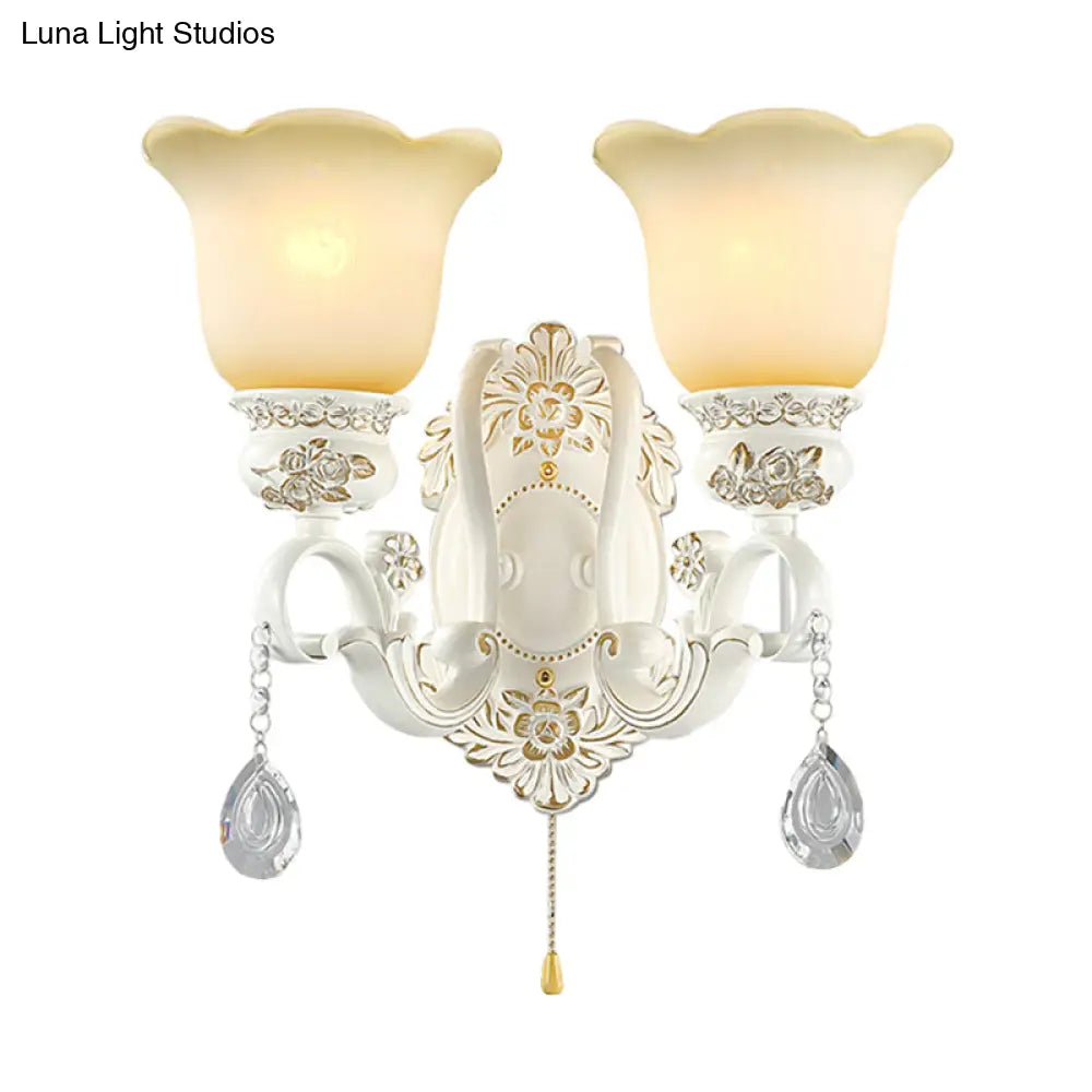 Traditional White Glass Wall Sconce Light With Scalloped Design - 1/2 Lights And Ivory Resin