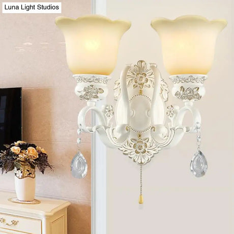 Traditional White Glass Wall Sconce Light With Scalloped Design - 1/2 Lights And Ivory Resin