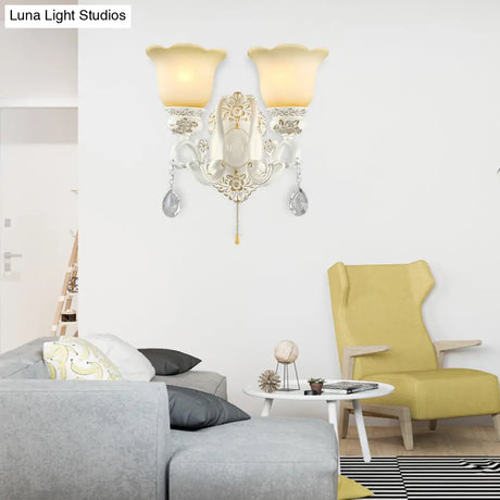 Traditional White Glass Wall Sconce Light With Scalloped Design - 1/2 Lights And Ivory Resin