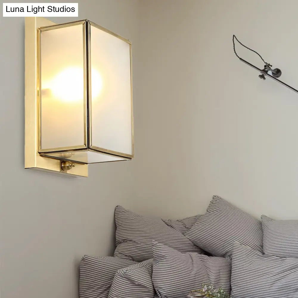 Traditional White Glass Wall Sconce With Brass Rectangle Frame - 1/2 Heads Lighting For Living Room
