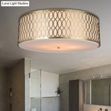 Traditional White Round Ceiling Mounted Lamp With Gold Metal Mesh Frame - 4-Light Fabric Flush