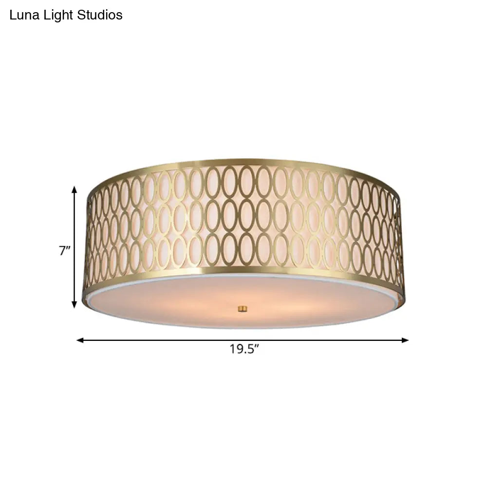 Traditional White Round Ceiling Mounted Lamp With Gold Metal Mesh Frame - 4-Light Fabric Flush