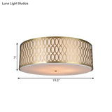 Traditional White Round Ceiling Mounted Lamp With Gold Metal Mesh Frame - 4-Light Fabric Flush
