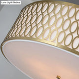 Traditional White Round Ceiling Mounted Lamp With Gold Metal Mesh Frame - 4-Light Fabric Flush