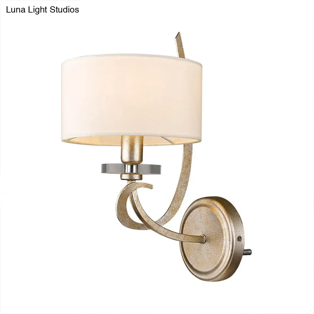 Traditional White Wall Sconce With Fabric Shade - Drum Style