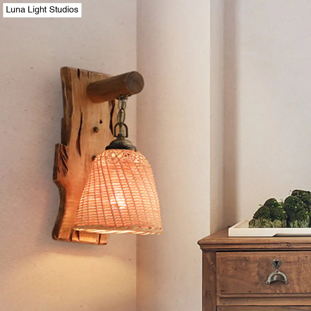 Traditional Wood Cone/Cylinder Wall Lamp - Beige Sconce Light With Rectangle Backplate