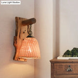 Traditional Wood Cone/Cylinder Wall Lamp - Beige Sconce Light With Rectangle Backplate