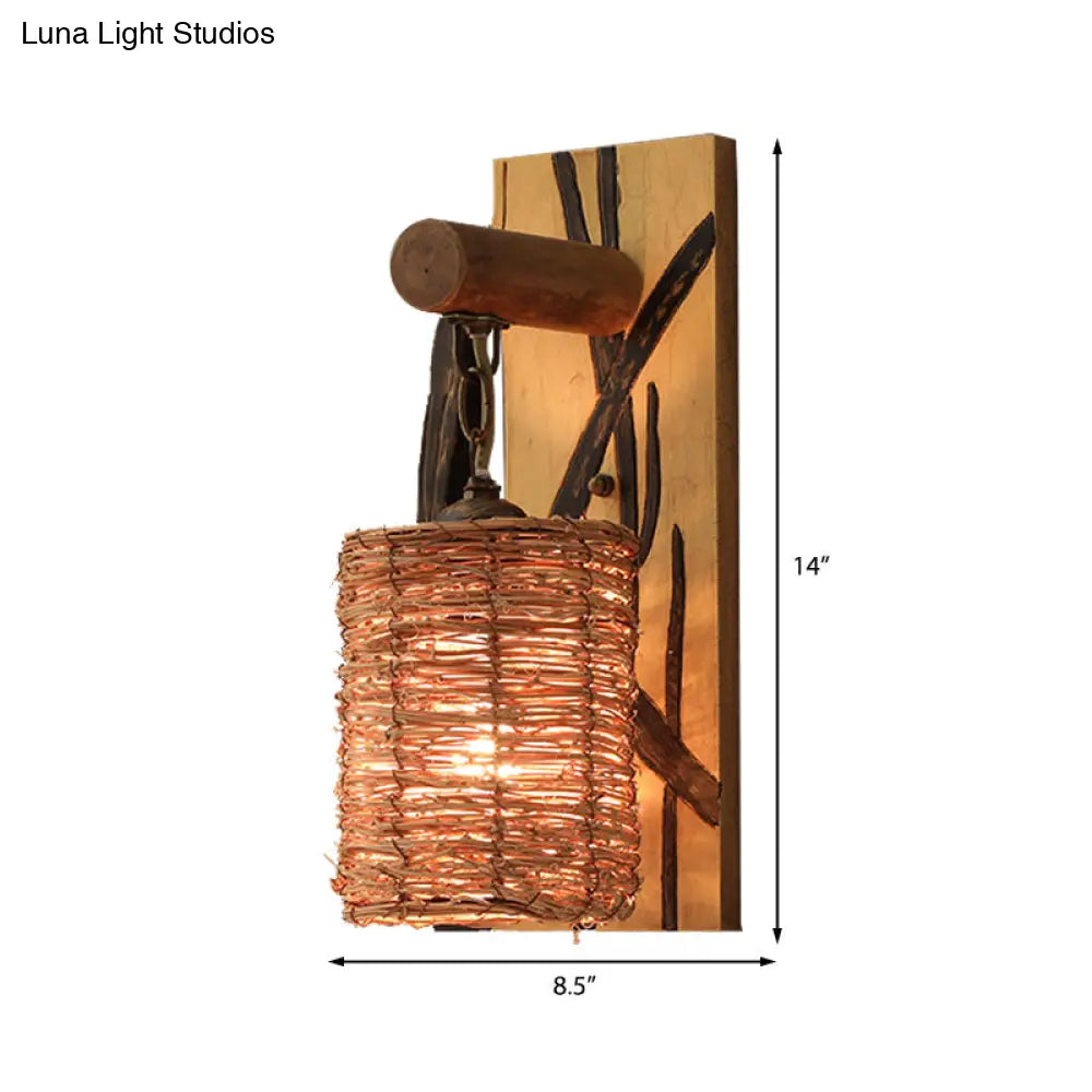 Traditional Wood Cone/Cylinder Wall Lamp - Beige Sconce Light With Rectangle Backplate