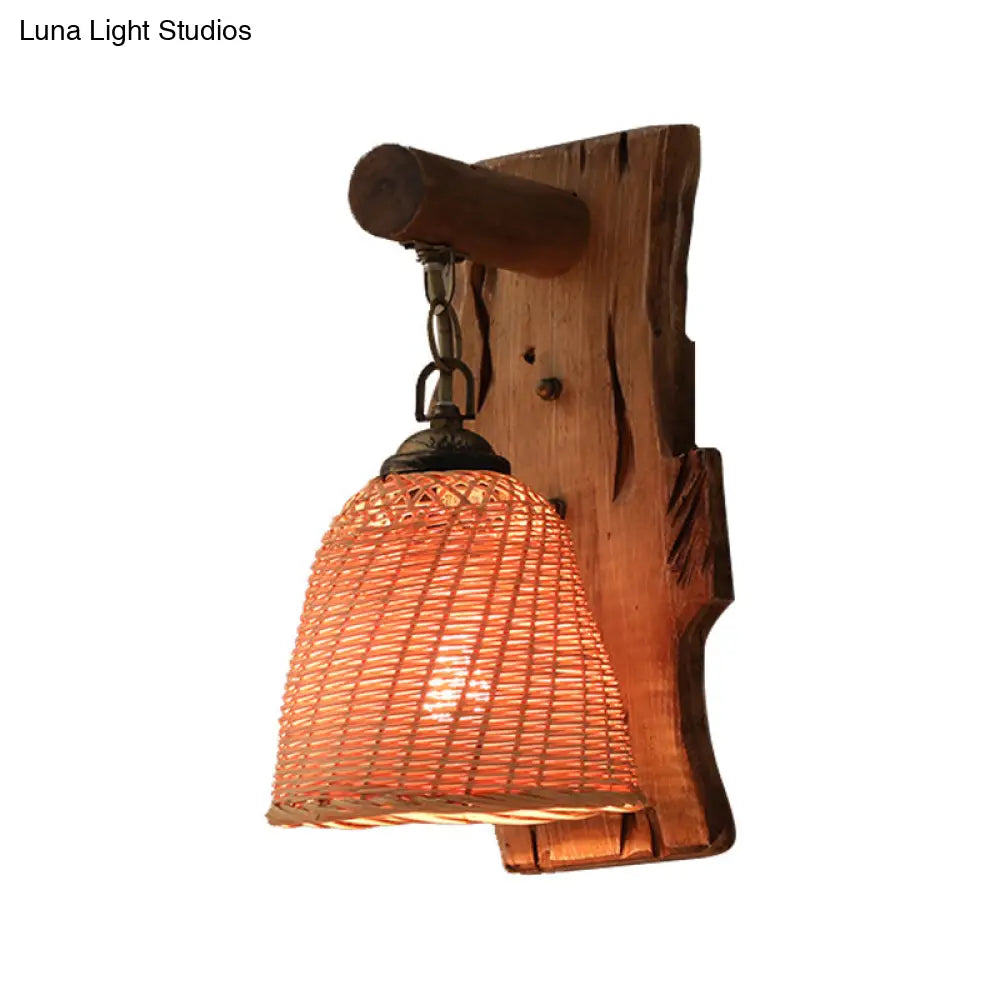 Traditional Wood Cone/Cylinder Wall Lamp - Beige Sconce Light With Rectangle Backplate