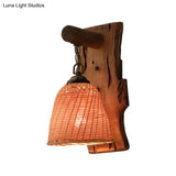 Traditional Wood Cone/Cylinder Wall Lamp - Beige Sconce Light With Rectangle Backplate
