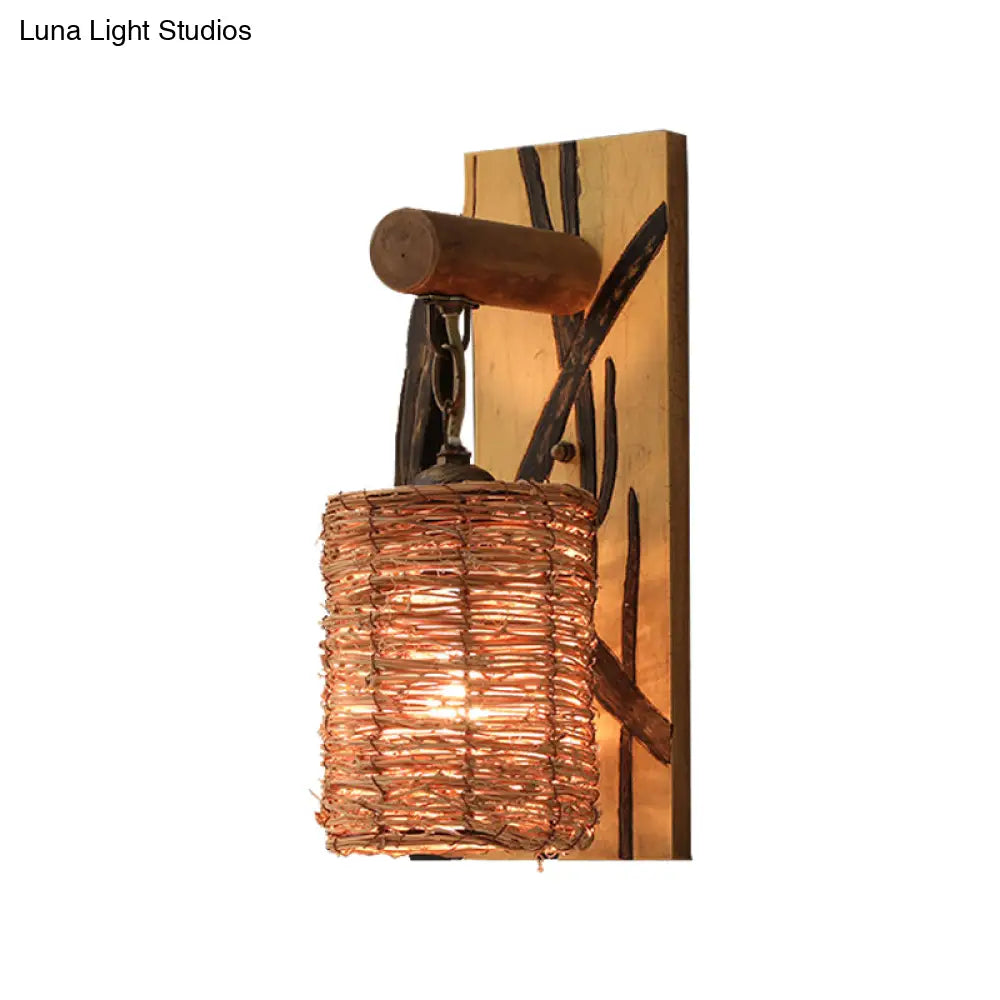 Traditional Wood Cone/Cylinder Wall Lamp - Beige Sconce Light With Rectangle Backplate