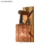 Traditional Wood Cone/Cylinder Wall Lamp - Beige Sconce Light With Rectangle Backplate
