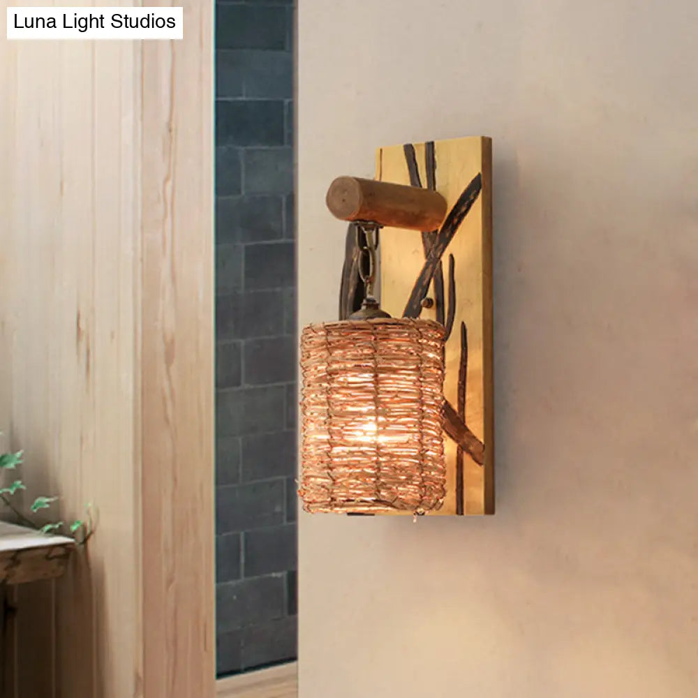 Traditional Wood Cone/Cylinder Wall Lamp - Beige Sconce Light With Rectangle Backplate