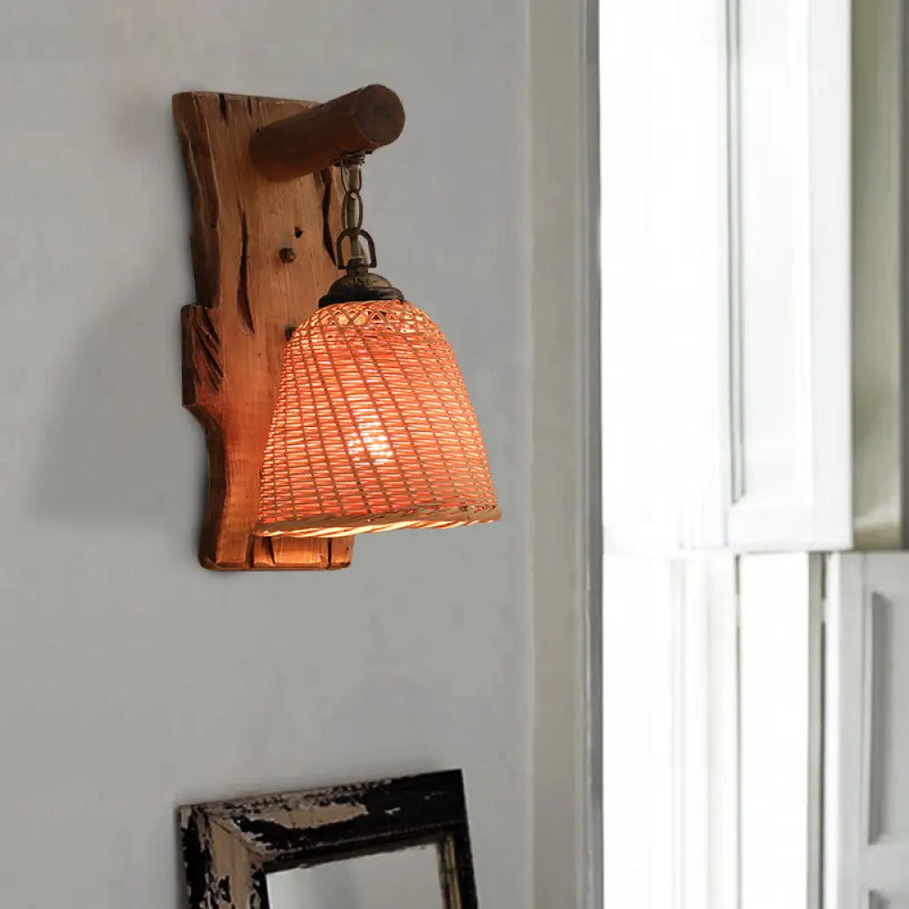 Traditional Wood Cone/Cylinder Wall Lamp - Beige Sconce Light With Rectangle Backplate / Cone