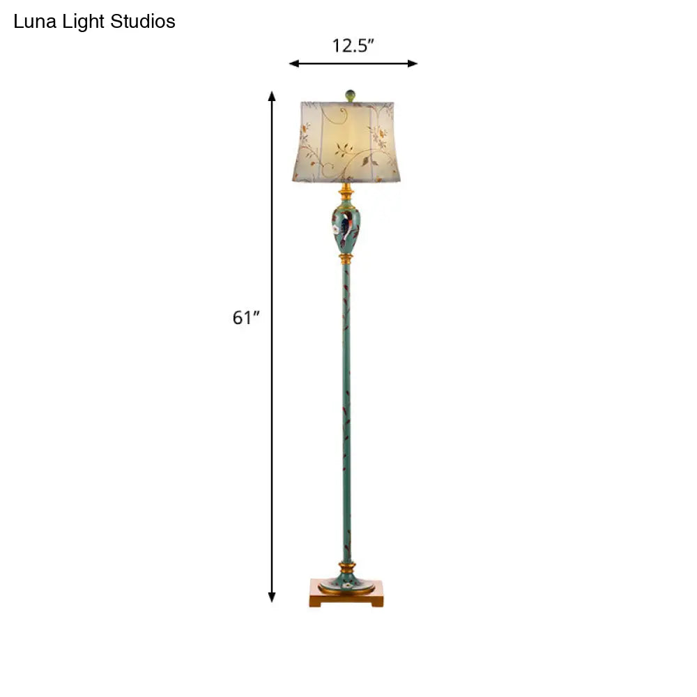 Traditional Wood Floor Lamp: Green Patterned Vase Stand With Bell Fabric Shade