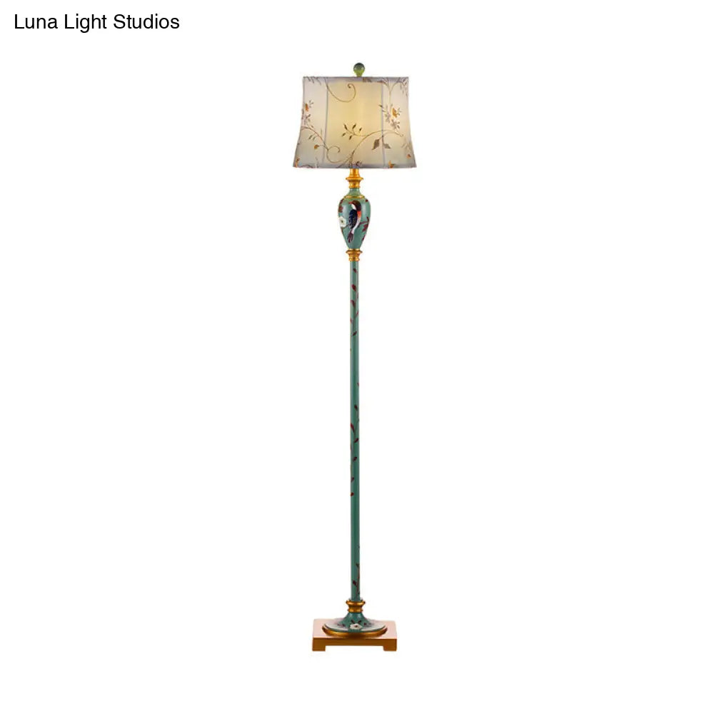Traditional Wood Floor Lamp: Green Patterned Vase Stand With Bell Fabric Shade
