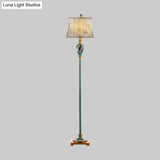 Traditional Wood Floor Lamp: Green Patterned Vase Stand With Bell Fabric Shade