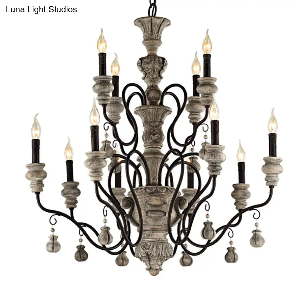 Traditional Wooden Candelabra Ceiling Chandelier For Dining Room With Curved Rustic Arm