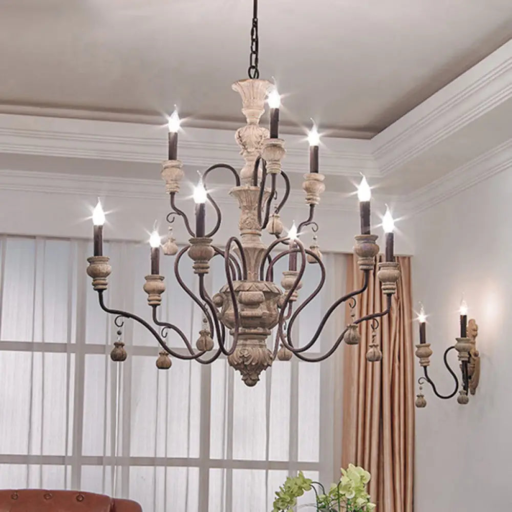 Traditional Wooden Candelabra Ceiling Chandelier For Dining Room With Curved Rustic Arm 9 / Rust