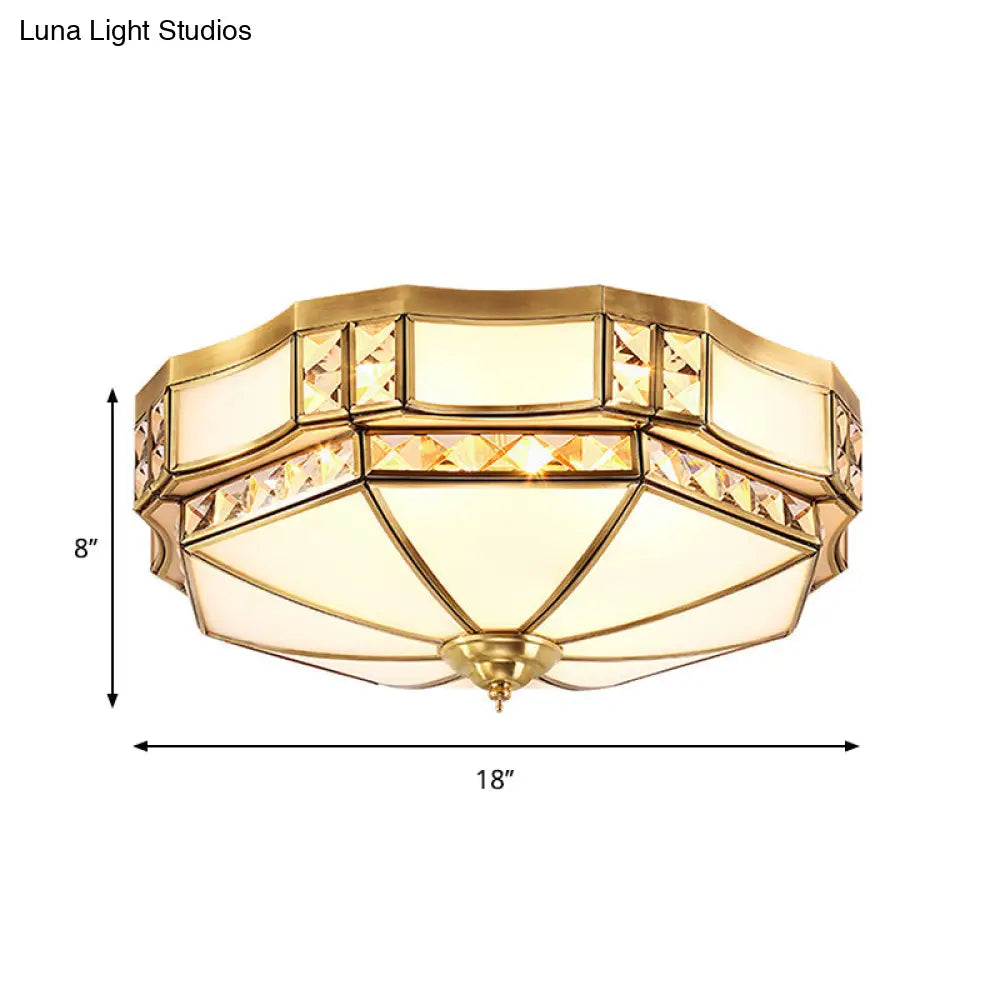 Traditional Yurt Flush Mount Lamp With Crystal Accent - 3/4/6 Lights And White Glass Ceiling