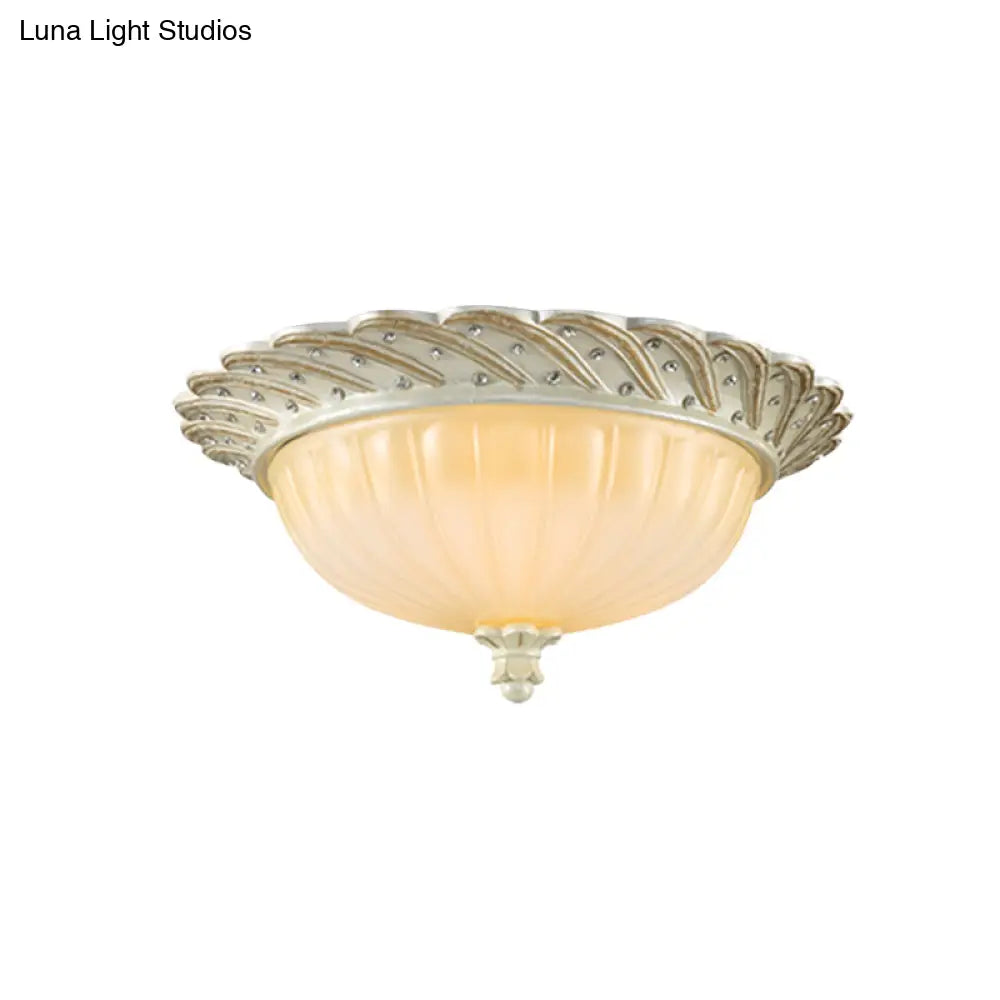Traditionalist Yellow Glass Flush Mount Light Fixture - Bronze/White 3 - Bulb Flushmount For Living