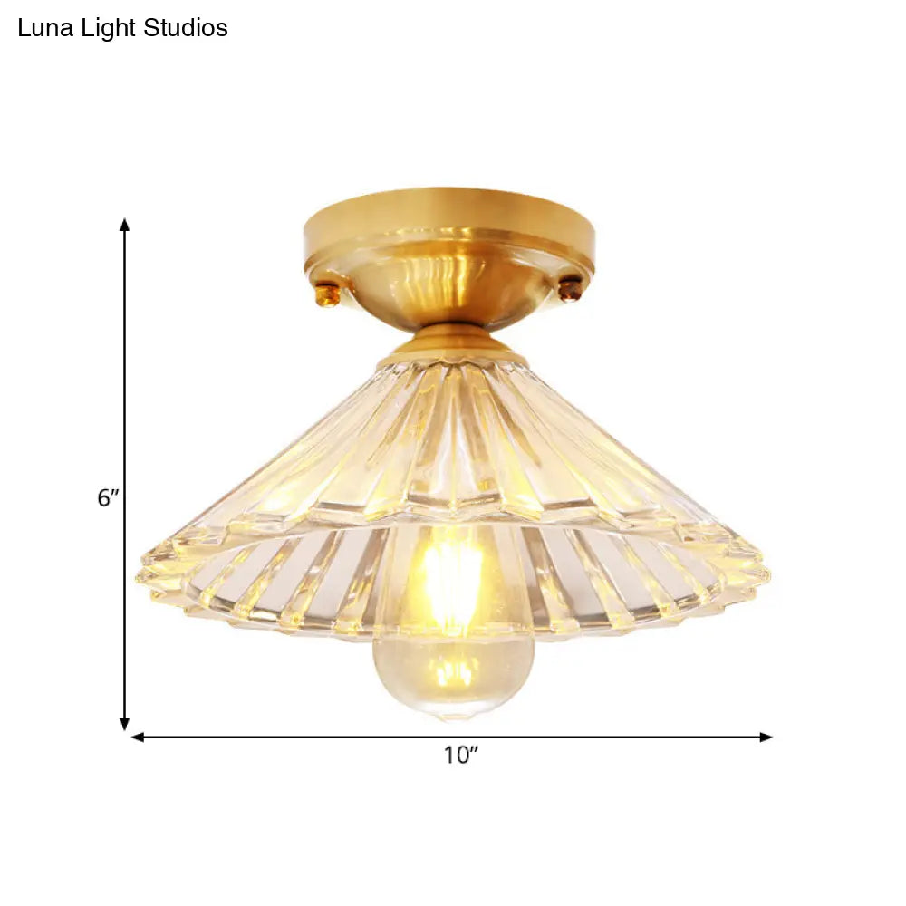 Traditionary Ribbed Glass Semi Flush Ceiling Light Fixture In Brass - Ideal For Bedroom