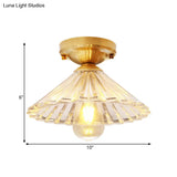 Traditionary Ribbed Glass Semi Flush Ceiling Light Fixture In Brass - Ideal For Bedroom