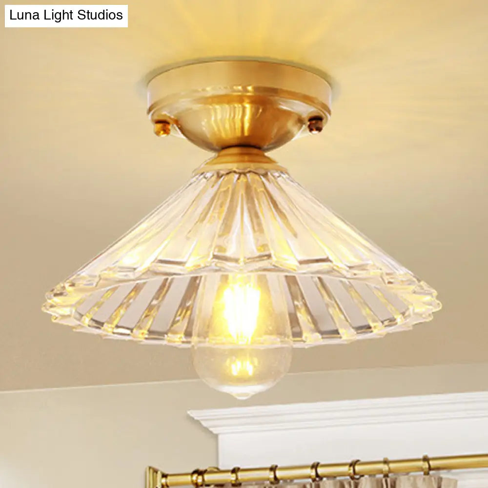 Traditionary Ribbed Glass Semi Flush Ceiling Light Fixture In Brass - Ideal For Bedroom