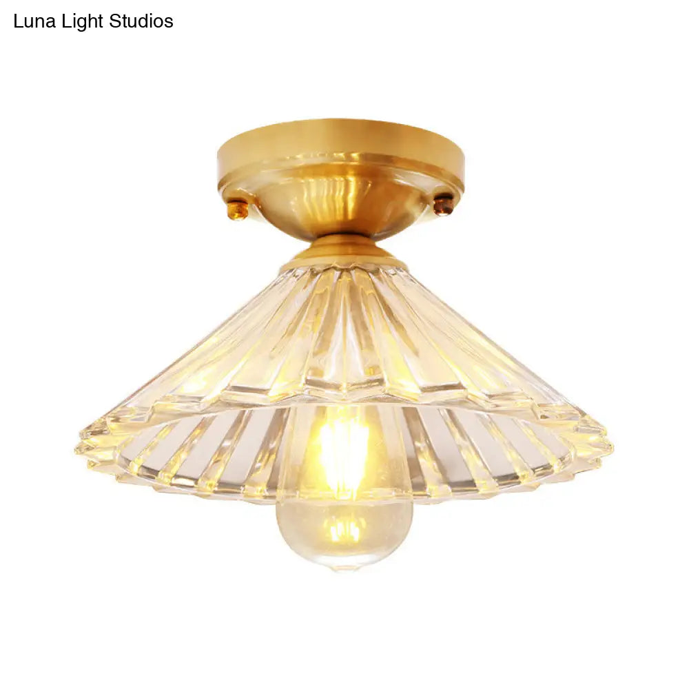 Traditionary Ribbed Glass Semi Flush Ceiling Light Fixture In Brass - Ideal For Bedroom