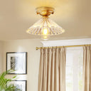 Traditionary Ribbed Glass Semi Flush Ceiling Light Fixture In Brass - Ideal For Bedroom