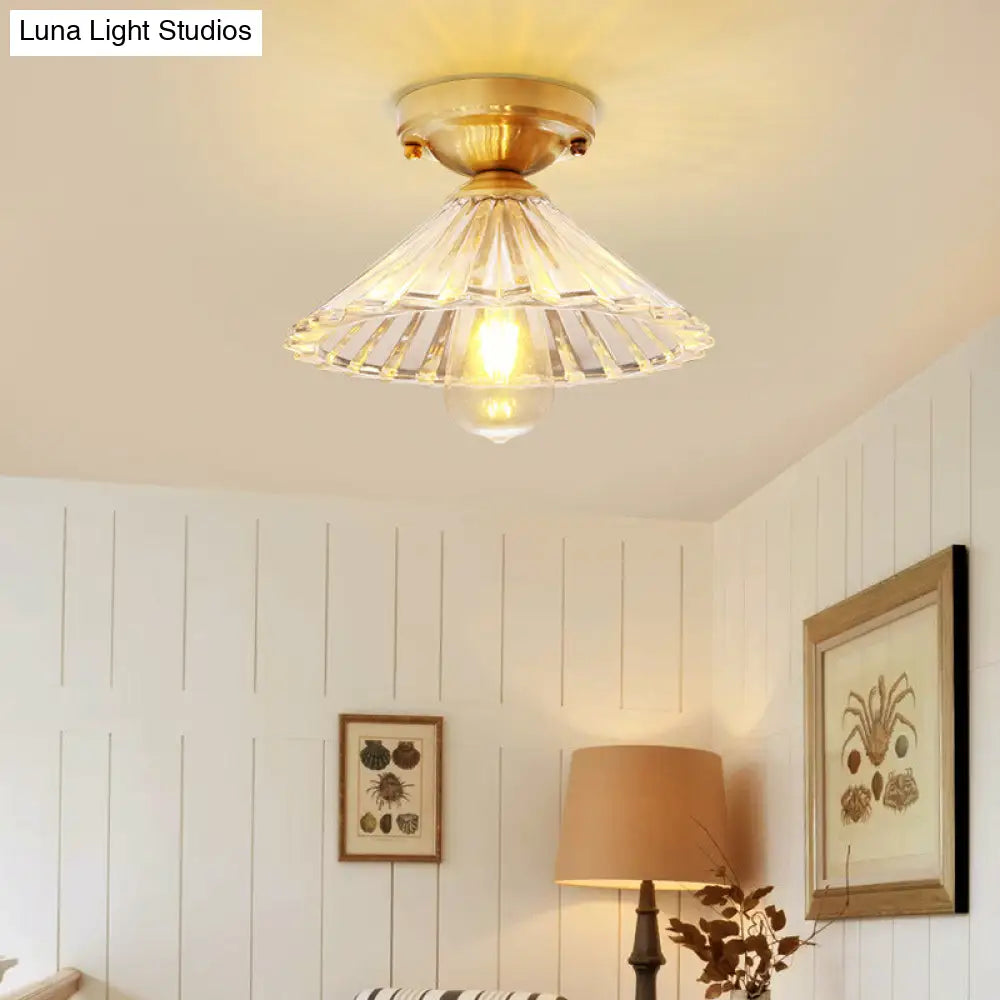 Traditionary Ribbed Glass Semi Flush Ceiling Light Fixture In Brass - Ideal For Bedroom