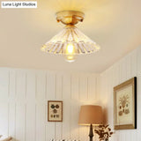 Traditionary Ribbed Glass Semi Flush Ceiling Light Fixture In Brass - Ideal For Bedroom