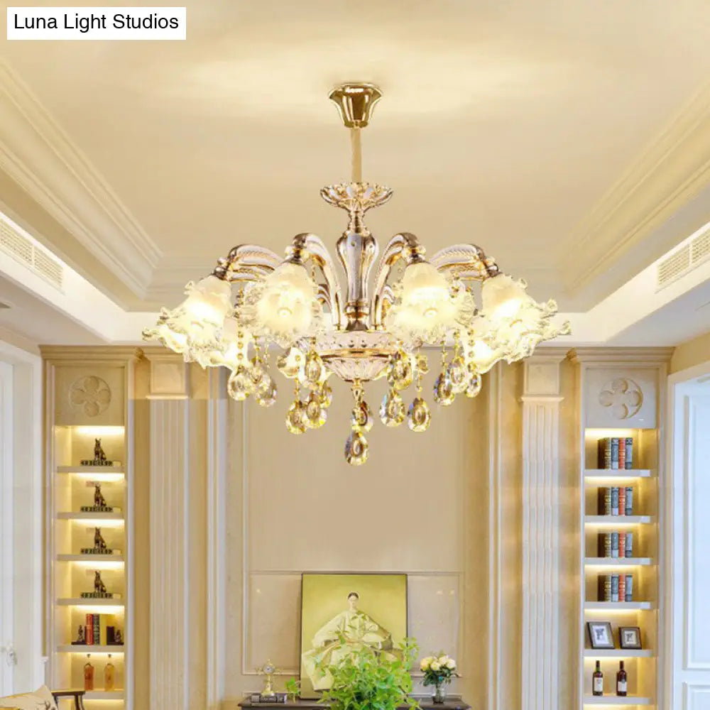 Transitional Ruffled Glass Chandelier Light For Living Room - Hanging Ceiling Fixture