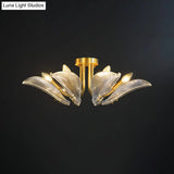 Transparent Glass Ceiling Lamp With Brass Leaf Design - Semi Flush Mount Light For Bedroom (6 Heads)