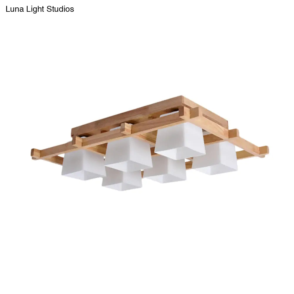Trapezoid Glass Flush Light: Japanese 4/6-Bulb Ceiling Fixture With Wood Grid Frame