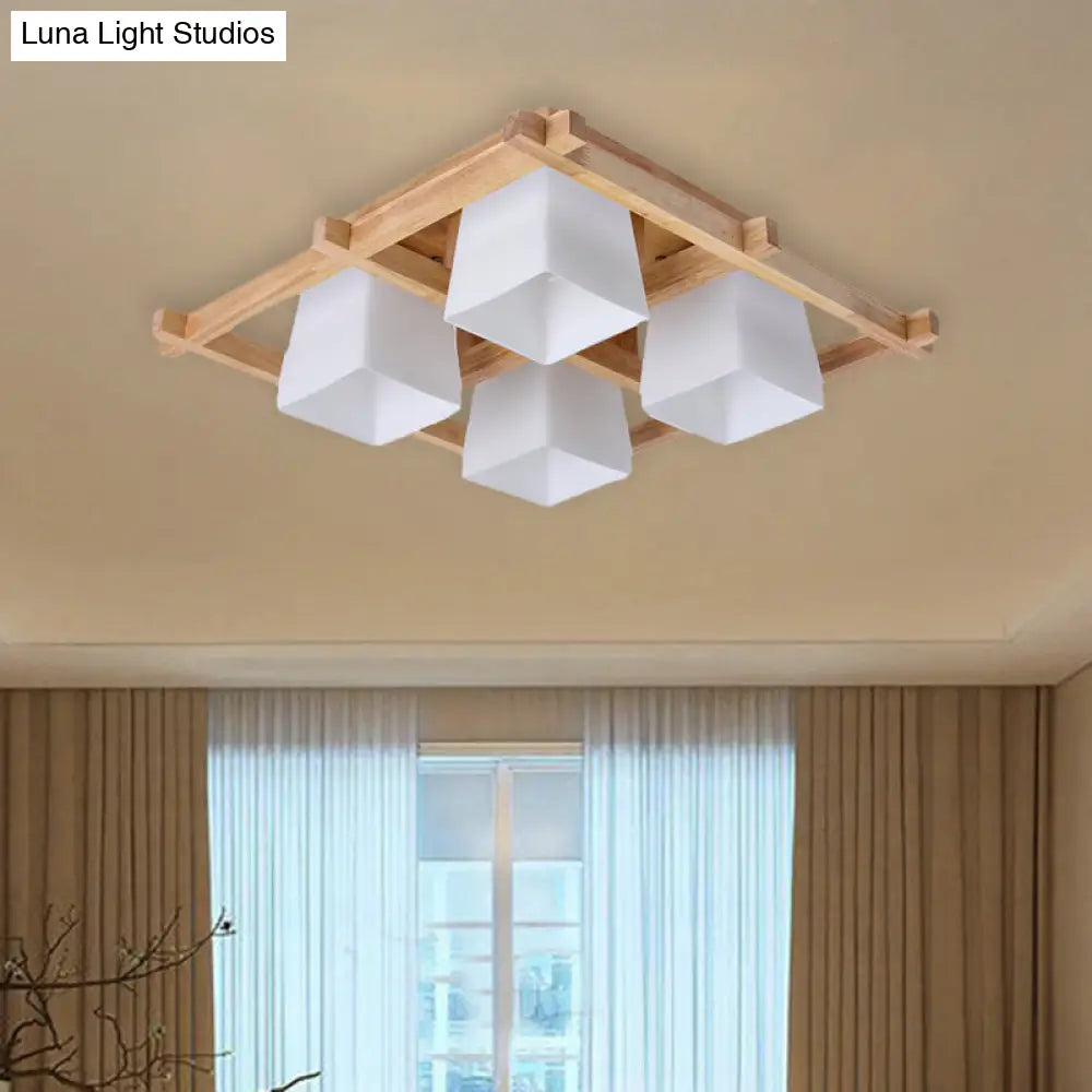 Trapezoid Glass Flush Light: Japanese 4/6-Bulb Ceiling Fixture With Wood Grid Frame