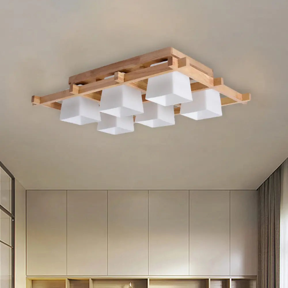 Trapezoid Glass Flush Light: Japanese 4/6-Bulb Ceiling Fixture With Wood Grid Frame 6 / White