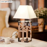 Trapezoid Nightstand Lamp: Modernist 1-Bulb Fabric Table Lamp With Wood Base (White/Black)