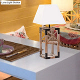 Trapezoid Nightstand Lamp: Modernist 1-Bulb Fabric Table Lamp With Wood Base (White/Black)