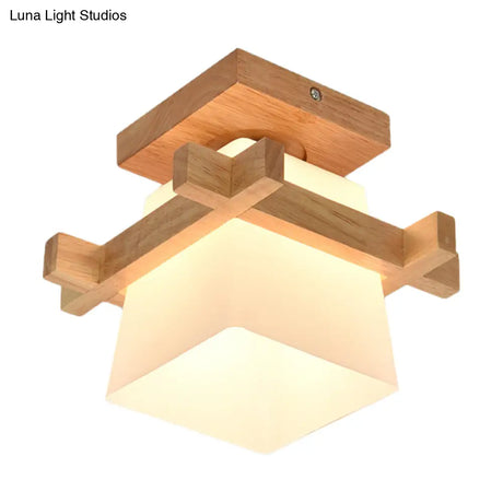 Trapezoid Opal Glass Pendant Light With Wood Deco – Japanese Style Ceiling Lamp For Bedroom