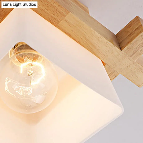 Trapezoid Opal Glass Pendant Light With Wood Deco – Japanese Style Ceiling Lamp For Bedroom