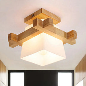 Trapezoid Opal Glass Pendant Light With Wood Deco – Japanese Style Ceiling Lamp For Bedroom